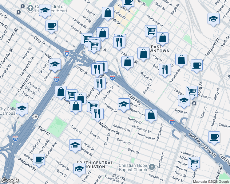 map of restaurants, bars, coffee shops, grocery stores, and more near 2618 Pierce Street in Houston