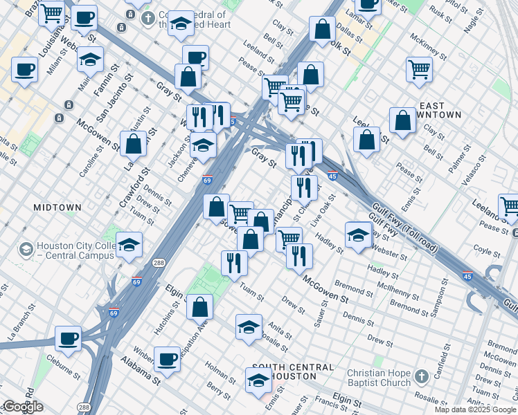 map of restaurants, bars, coffee shops, grocery stores, and more near 2309 Hutchins Street in Houston
