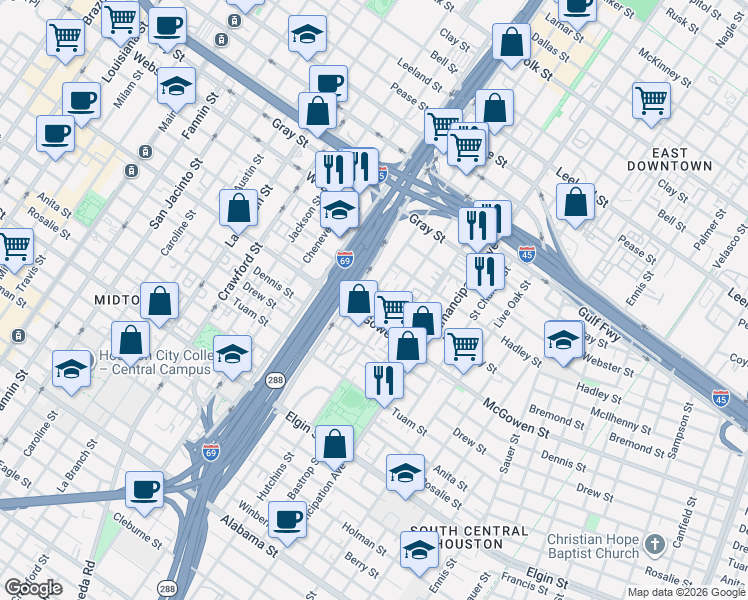 map of restaurants, bars, coffee shops, grocery stores, and more near 2500 Saint Emanuel Street in Houston