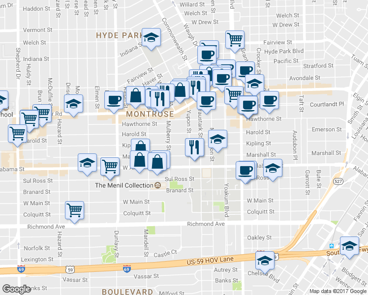 map of restaurants, bars, coffee shops, grocery stores, and more near 3531 Yupon Street in Houston
