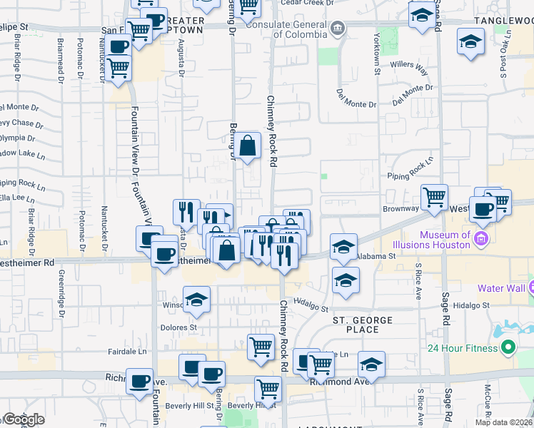map of restaurants, bars, coffee shops, grocery stores, and more near 2420 Chimney Rock Road in Houston