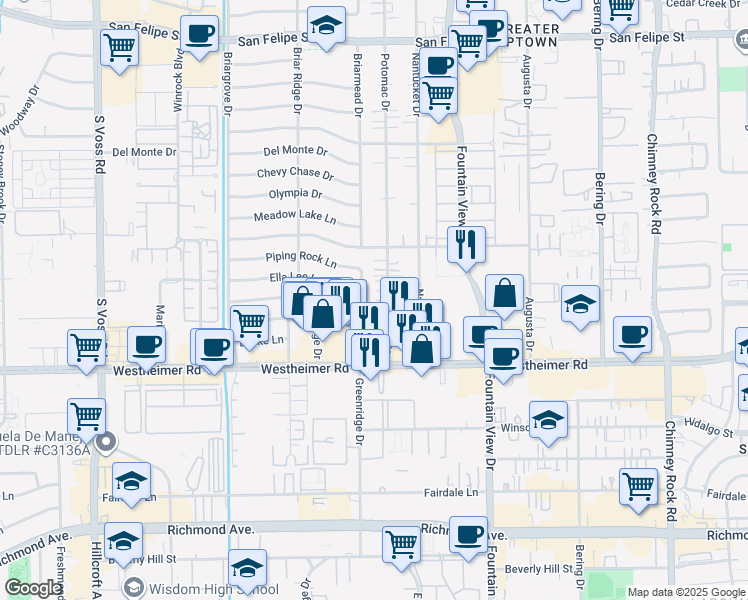 map of restaurants, bars, coffee shops, grocery stores, and more near 2505 Potomac Drive in Houston