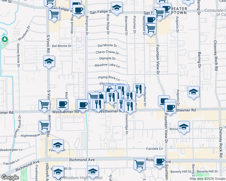 map of restaurants, bars, coffee shops, grocery stores, and more near 6147 Ella Lee Lane in Houston
