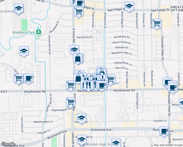 map of restaurants, bars, coffee shops, grocery stores, and more near 6339 Ella Lee Lane in Houston