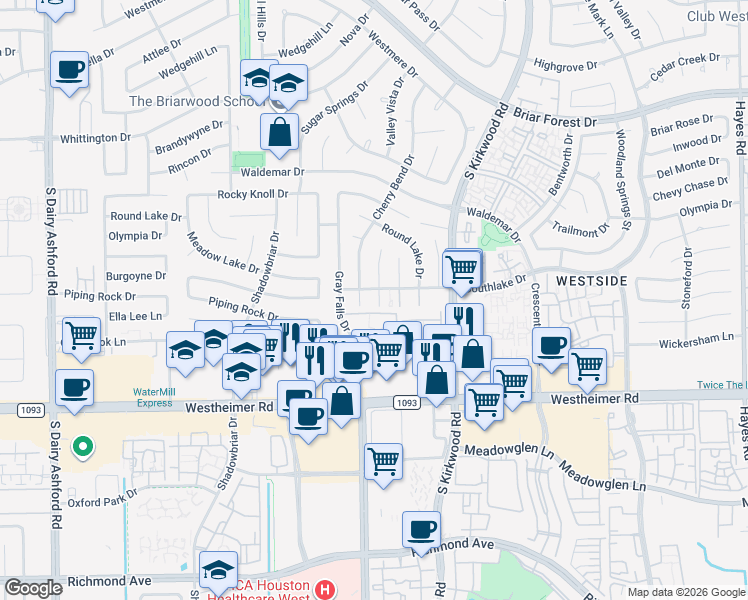 map of restaurants, bars, coffee shops, grocery stores, and more near 2302 Silver Sage Drive in Houston