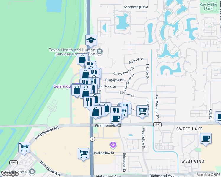map of restaurants, bars, coffee shops, grocery stores, and more near 14318 Piping Rock Lane in Houston