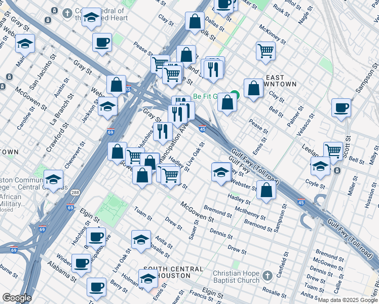 map of restaurants, bars, coffee shops, grocery stores, and more near 2516 Gray Street in Houston