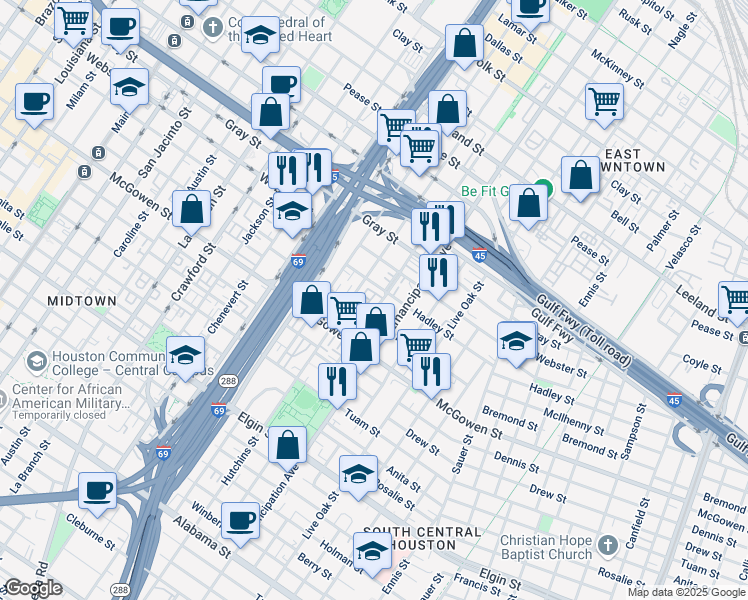 map of restaurants, bars, coffee shops, grocery stores, and more near 2309 Hutchins Street in Houston