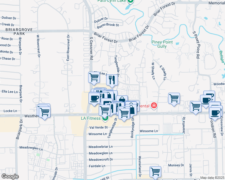 map of restaurants, bars, coffee shops, grocery stores, and more near 2620 Tanglewilde Street in Houston