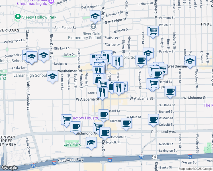 map of restaurants, bars, coffee shops, grocery stores, and more near 2811 Kirby Drive in Houston