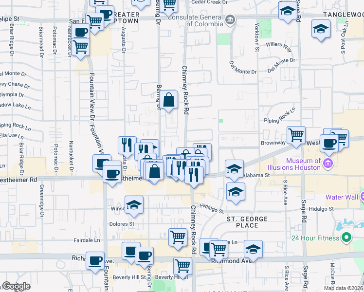 map of restaurants, bars, coffee shops, grocery stores, and more near 2420 Chimney Rock Road in Houston