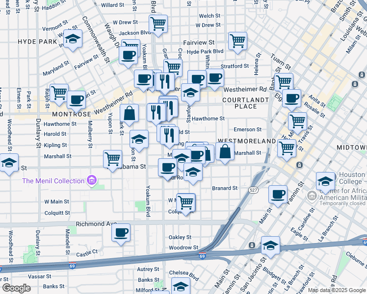 map of restaurants, bars, coffee shops, grocery stores, and more near 815 Kipling Street in Houston