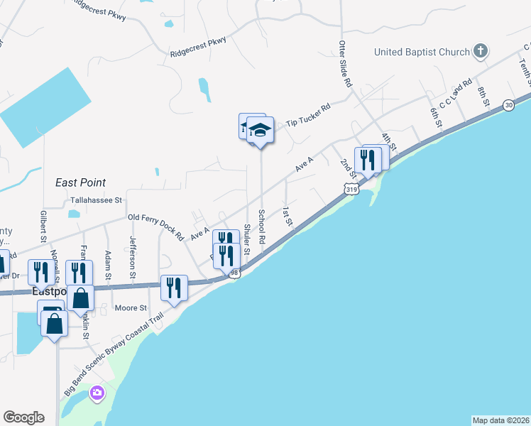 map of restaurants, bars, coffee shops, grocery stores, and more near 42 Shuler Street in Eastpoint