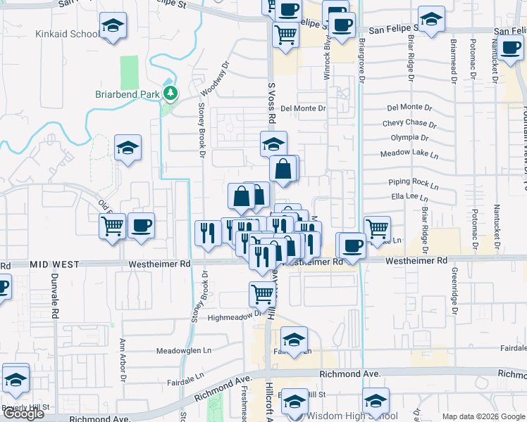 map of restaurants, bars, coffee shops, grocery stores, and more near 2520 South Voss Road in Houston