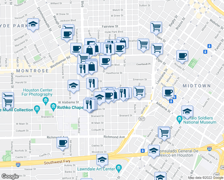 map of restaurants, bars, coffee shops, grocery stores, and more near 615 Kipling Street in Houston
