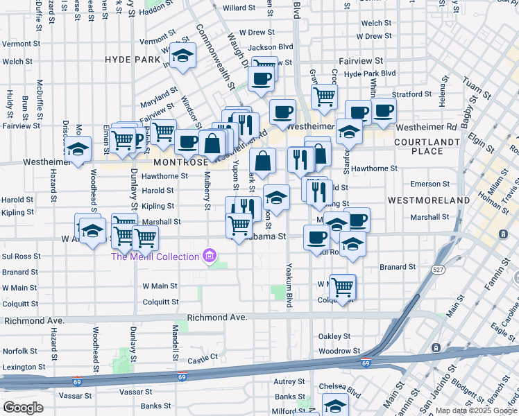 map of restaurants, bars, coffee shops, grocery stores, and more near 3520 Mount Vernon Street in Houston