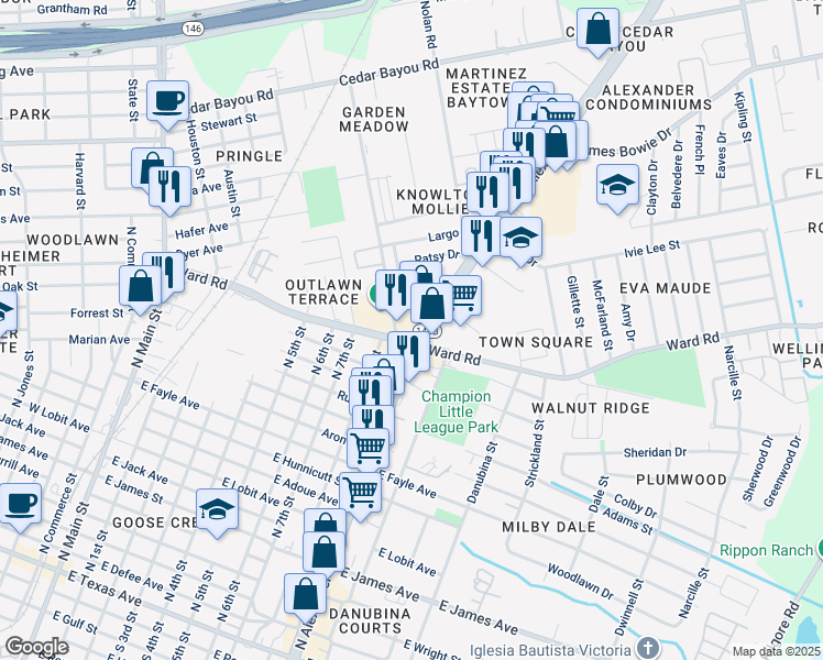 map of restaurants, bars, coffee shops, grocery stores, and more near 1602 Beaumont Road in Baytown