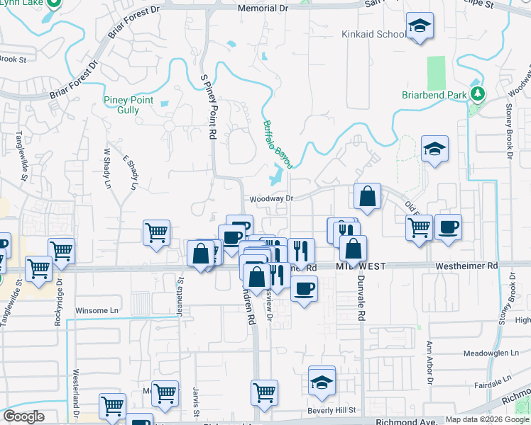 map of restaurants, bars, coffee shops, grocery stores, and more near 8787 Woodway Drive in Houston