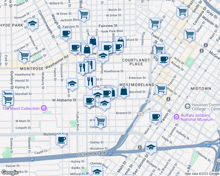 map of restaurants, bars, coffee shops, grocery stores, and more near 615 Kipling Street in Houston