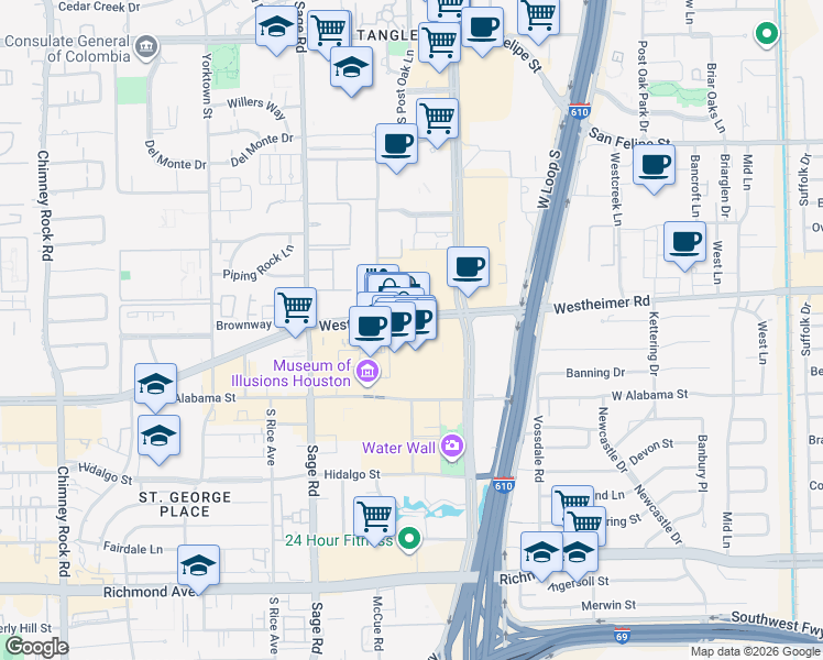 map of restaurants, bars, coffee shops, grocery stores, and more near 5045 Westheimer Road in Houston