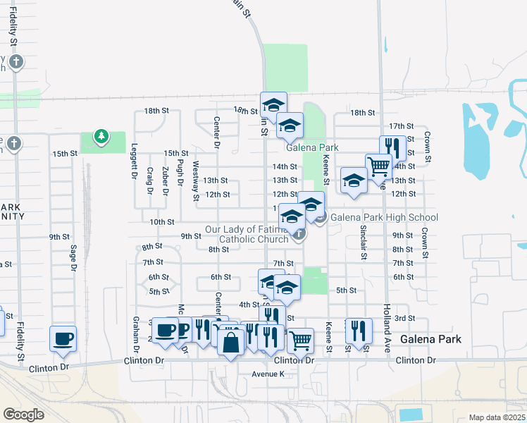map of restaurants, bars, coffee shops, grocery stores, and more near 1909 11th Street in Galena Park