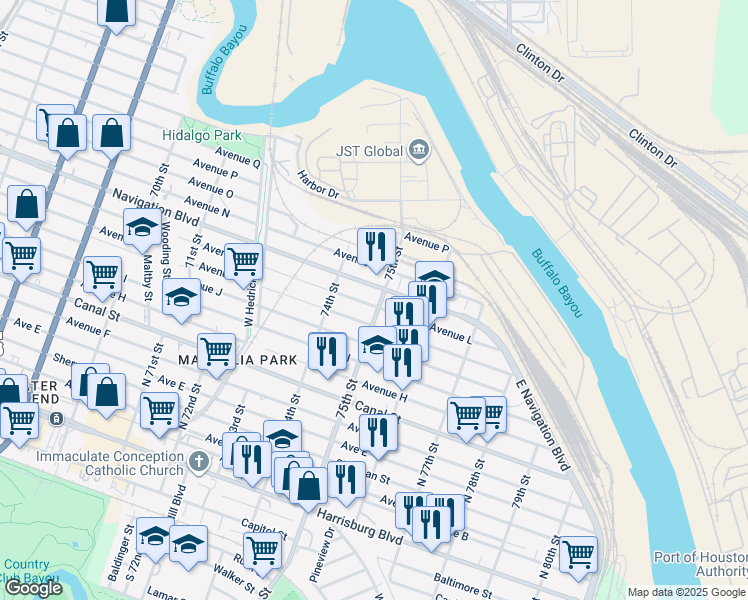 map of restaurants, bars, coffee shops, grocery stores, and more near 1209 75th Street in Houston
