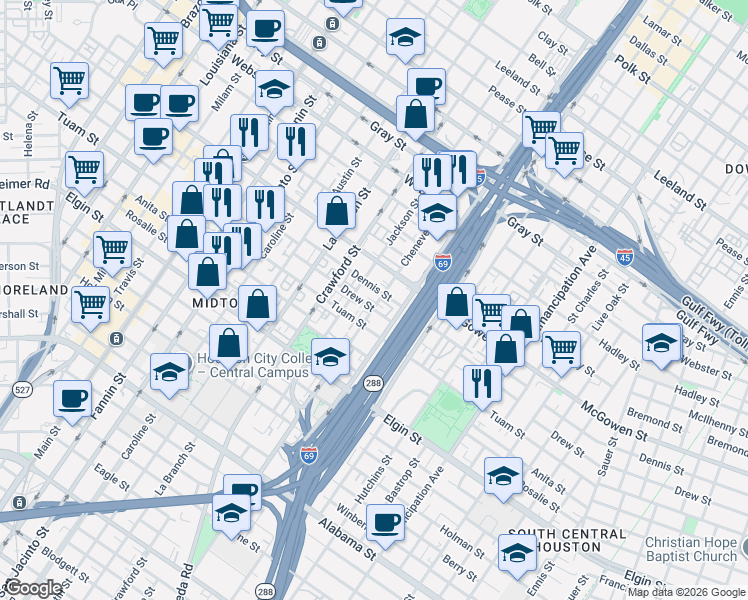 map of restaurants, bars, coffee shops, grocery stores, and more near 1620 Drew Street in Houston
