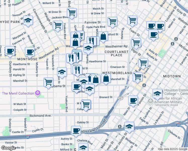 map of restaurants, bars, coffee shops, grocery stores, and more near 615 Kipling Street in Houston