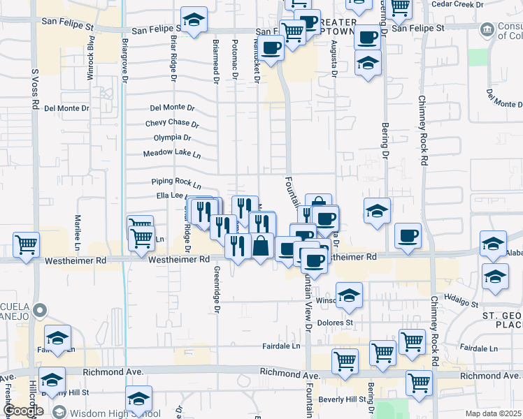 map of restaurants, bars, coffee shops, grocery stores, and more near 2503 Nantucket Drive in Houston