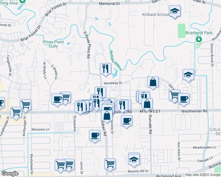 map of restaurants, bars, coffee shops, grocery stores, and more near 8787 Woodway Drive in Houston