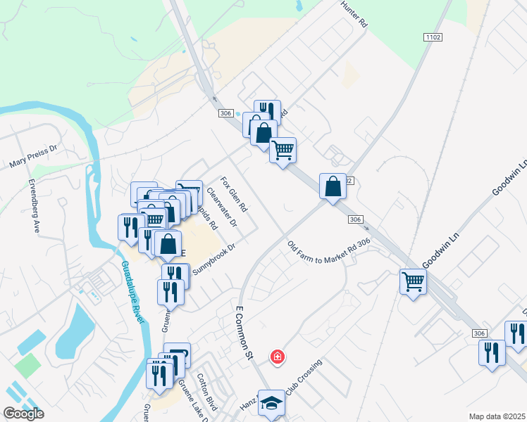 map of restaurants, bars, coffee shops, grocery stores, and more near 1223 Old Farm to Market Road 306 in New Braunfels