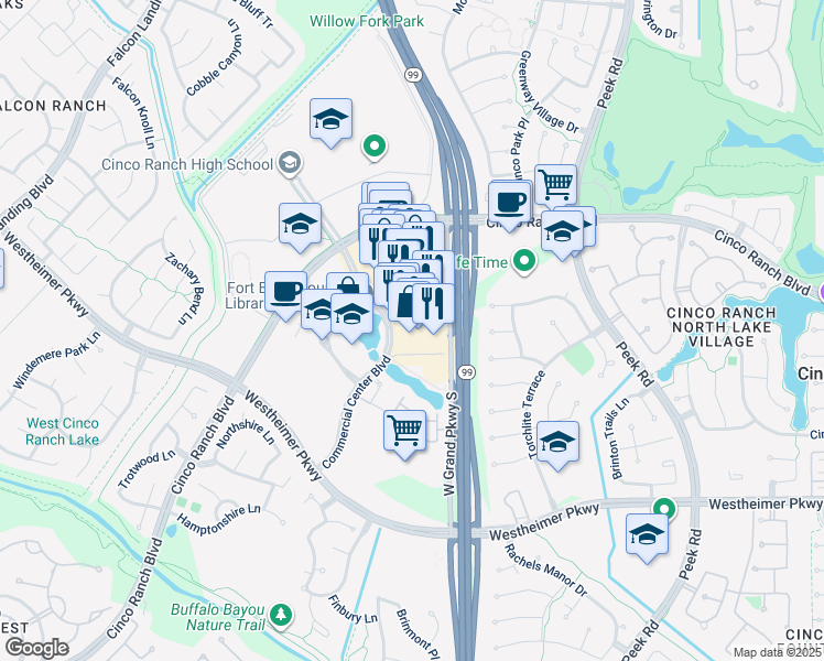 map of restaurants, bars, coffee shops, grocery stores, and more near 2717 Commercial Center Boulevard in Katy