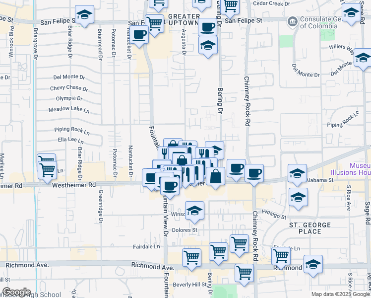 map of restaurants, bars, coffee shops, grocery stores, and more near 2524 Augusta Drive in Houston