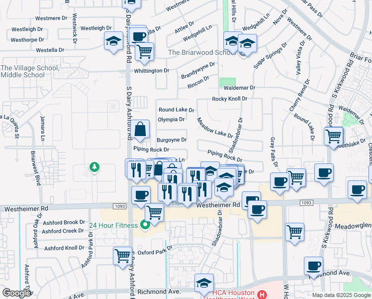 map of restaurants, bars, coffee shops, grocery stores, and more near 12430 Piping Rock Dr in Houston