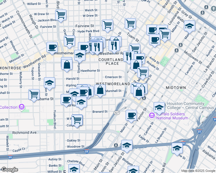 map of restaurants, bars, coffee shops, grocery stores, and more near 220 Westmoreland Street in Houston