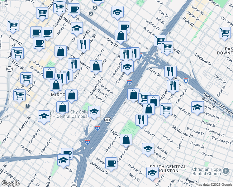 map of restaurants, bars, coffee shops, grocery stores, and more near 2600 Hamilton Street in Houston