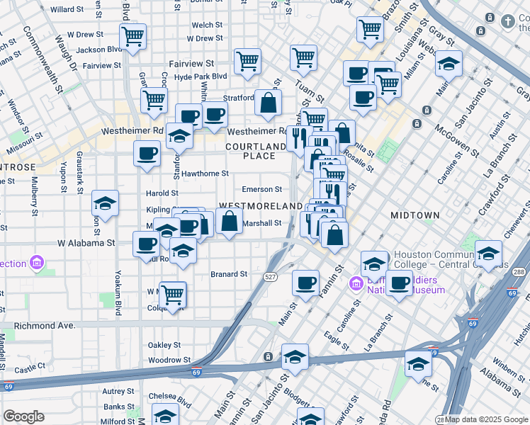 map of restaurants, bars, coffee shops, grocery stores, and more near 400 Westmoreland Street in Houston