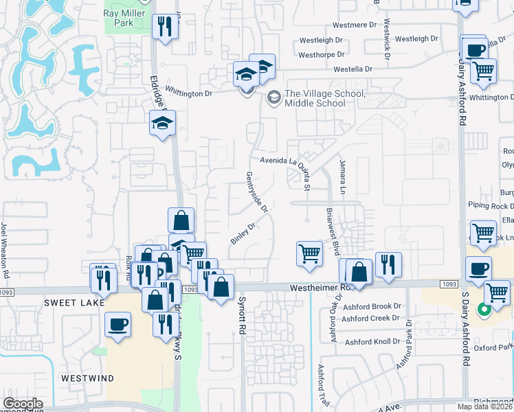 map of restaurants, bars, coffee shops, grocery stores, and more near 13103 Waldemere Drive in Houston