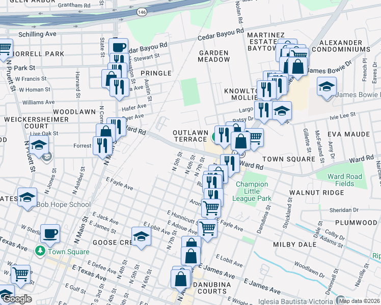 map of restaurants, bars, coffee shops, grocery stores, and more near 509 Ward Road in Baytown