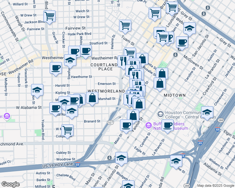 map of restaurants, bars, coffee shops, grocery stores, and more near 436 Westmoreland St in Houston
