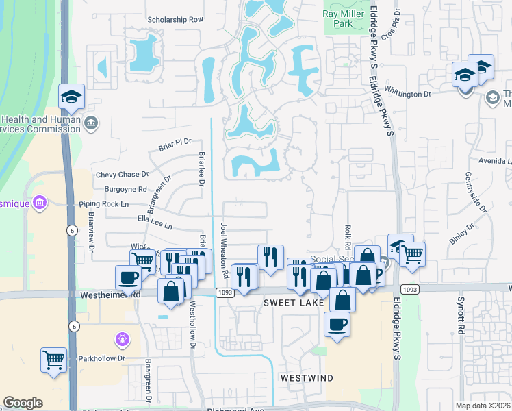 map of restaurants, bars, coffee shops, grocery stores, and more near 13723 Burgoyne Rd in Houston