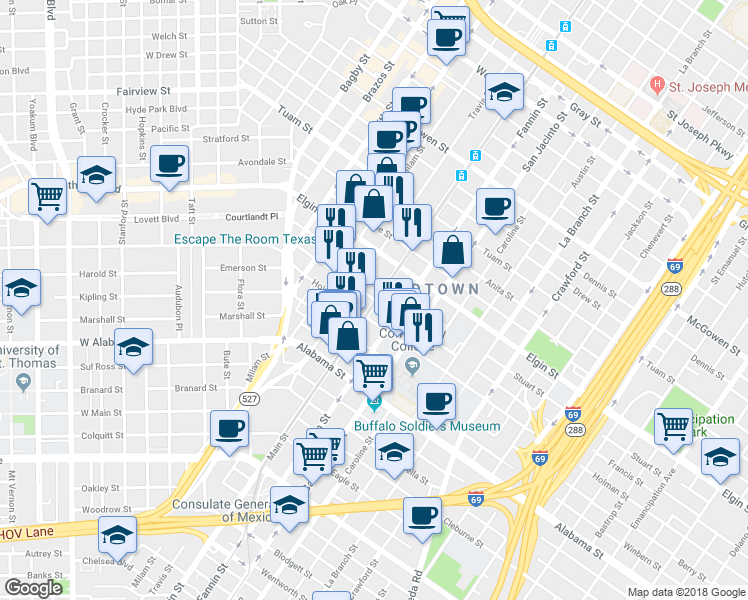 map of restaurants, bars, coffee shops, grocery stores, and more near 3404 Main St in Houston