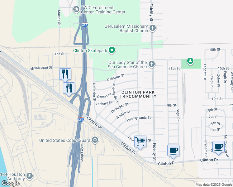 map of restaurants, bars, coffee shops, grocery stores, and more near 206 Owens Street in Houston