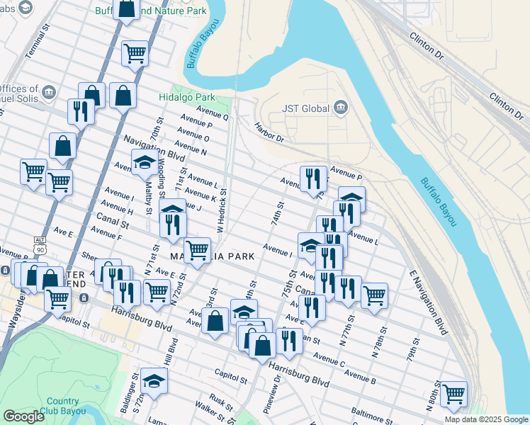 map of restaurants, bars, coffee shops, grocery stores, and more near 7331 Avenue K in Houston