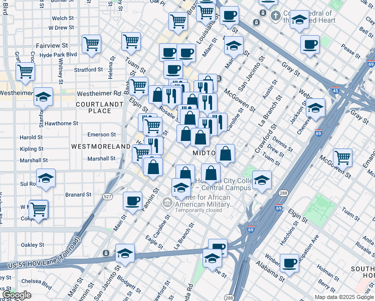 map of restaurants, bars, coffee shops, grocery stores, and more near in Houston