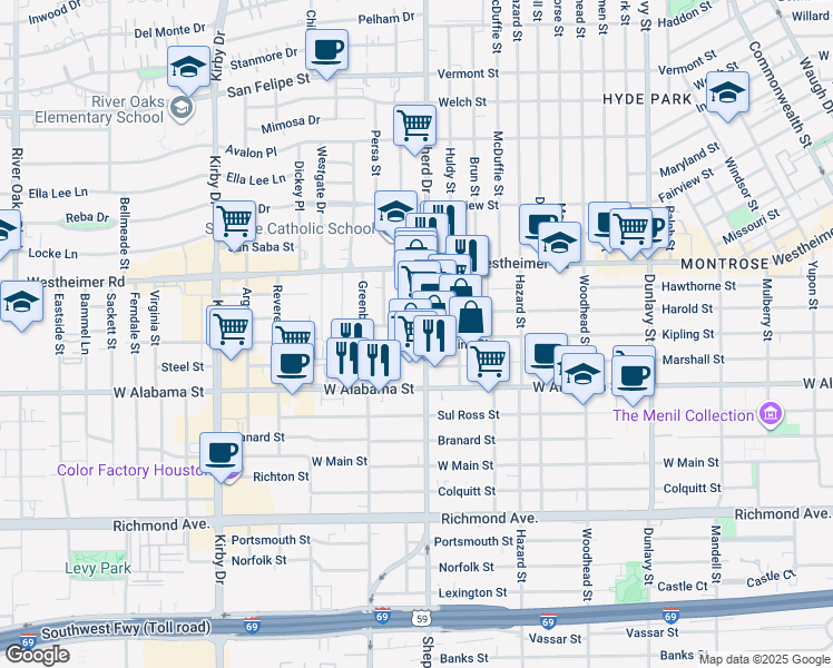 map of restaurants, bars, coffee shops, grocery stores, and more near 2801 Harold Street in Houston