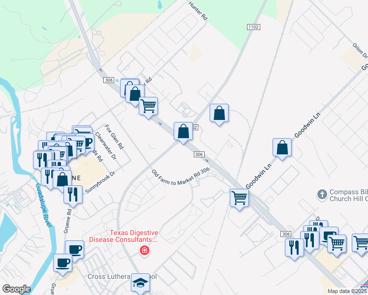 map of restaurants, bars, coffee shops, grocery stores, and more near 895 Farm to Market Road 306 in New Braunfels