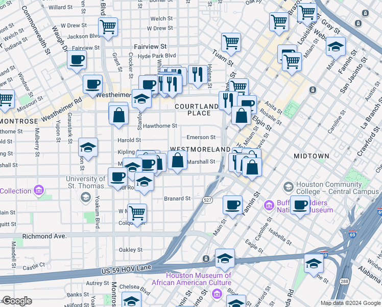 map of restaurants, bars, coffee shops, grocery stores, and more near 220 Westmoreland Street in Houston