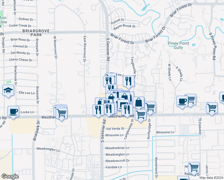 map of restaurants, bars, coffee shops, grocery stores, and more near 2407 South Gessner Road in Houston