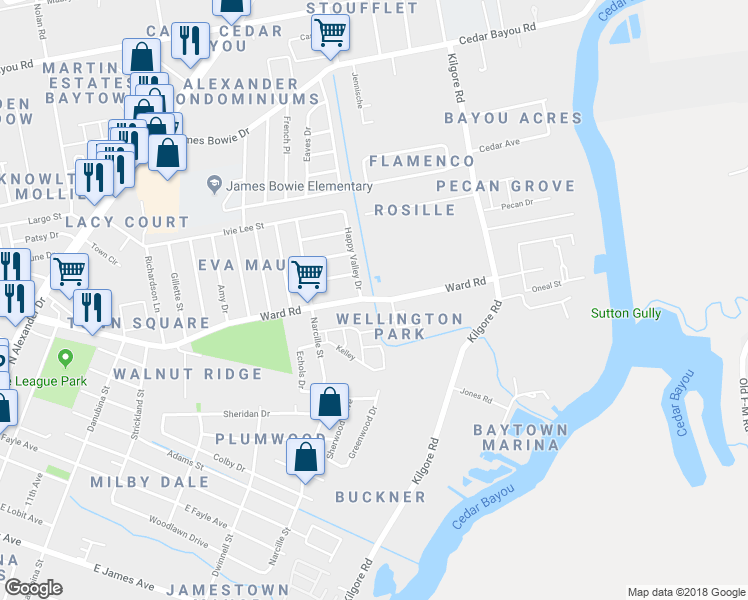 map of restaurants, bars, coffee shops, grocery stores, and more near 2103 Ward Road in Baytown